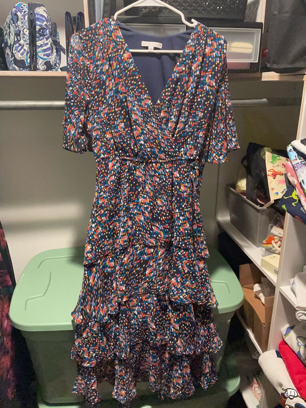 Sandra Darren Navy Dress with Multicolor Dot Pattern